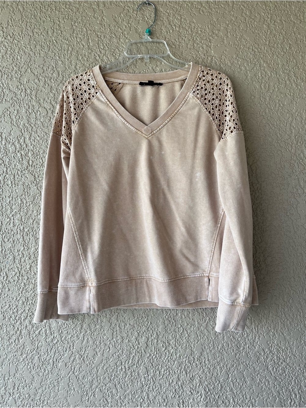 Light Brown V-Neck Sweatshirt with Eyelet Shoulder Detail